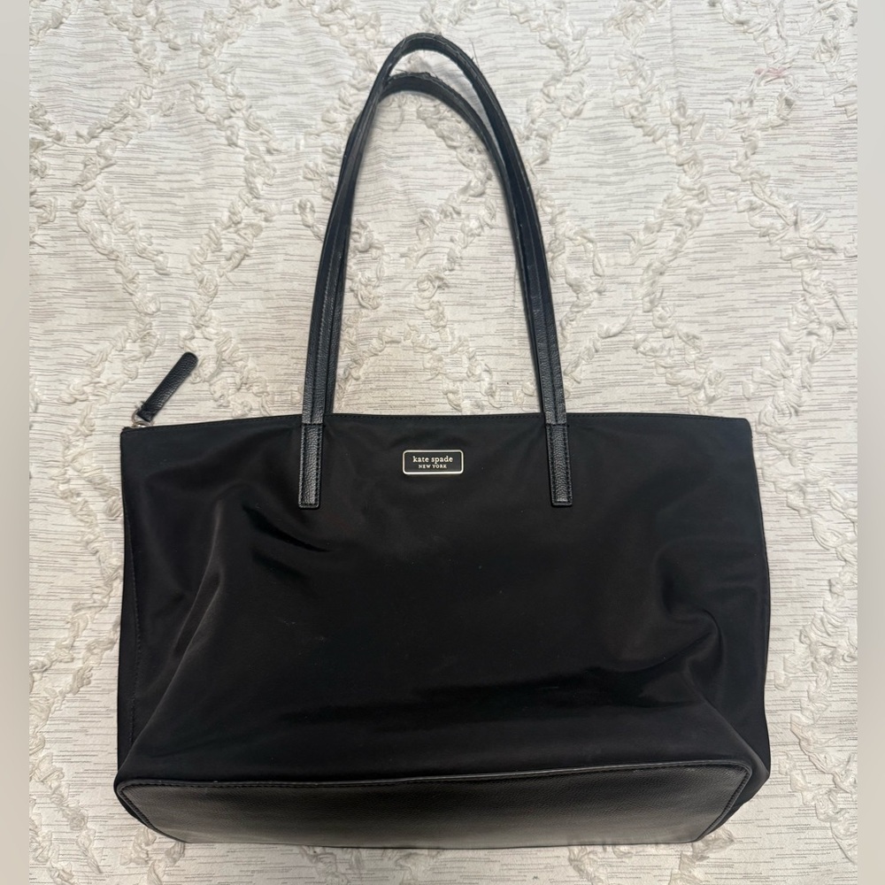 KATE SPADE Logo Plate Black Nylon Tote Bag with Leather Details